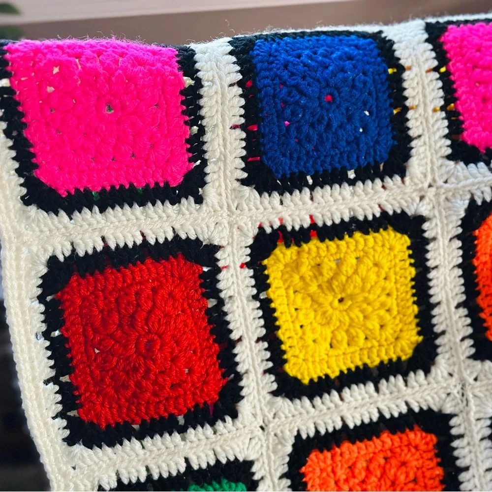 Vintage Colorful Crochet Afghan Blanket - Granny Squares